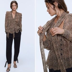 Zara Leopard Print Puffy Shoulder Neck Tie Blouse